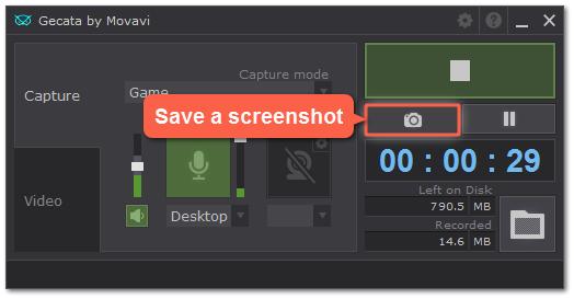 Saving screenshots Capturing screenshots with Gecata by Movavi In the Game mode, you can take screenshots of what's happening in the game.
