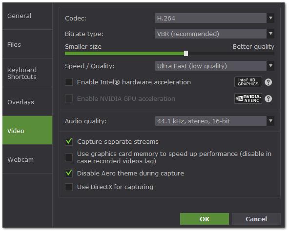 Video preferences On the Video tab, you can choose how the videos are recorded and saved, change the preferred audio quality, including the sample rate, number of channels, and bits per second.