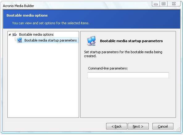 In the next window you can set Bootable media startup parameters in order to configure rescue media boot options for better compatibility with different hardware.