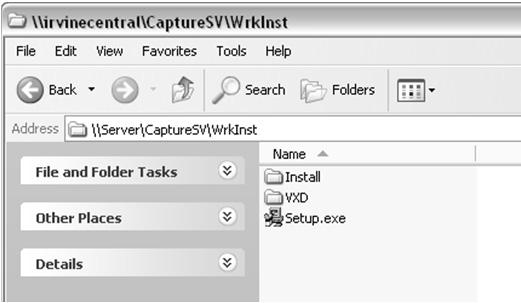 Select [Server] Slide 34 Module 19 -- Kofax Capture Review Installing on a Client Workstation From each workstation, connect to the share CaptureSV and the WrkInst folder on the Kofax file server and