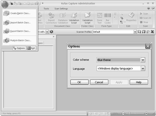Left mouse click on [Options] to change the color scheme and language Slide 50 Module 19 -- Kofax Capture