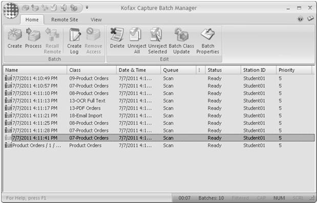Batch Manager Batch List Slide 76 Module 19 -- Kofax Capture Review All active batches are displayed. Simply click on a column heading to reorder the list based on that attribute.