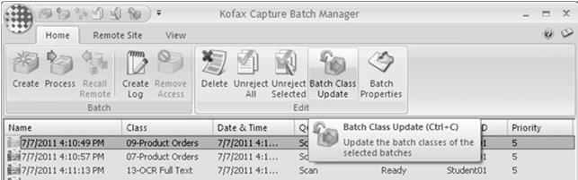 Batch Class Update Procedure in Batch Manager From the Batch Manager, select one or more batches that are