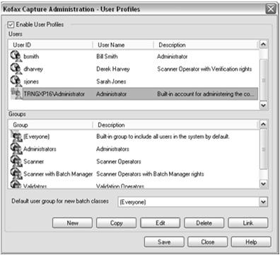 Sign on when configuring user profiles inside Kofax Capture. Uses Microsoft Active Directory dialogue.