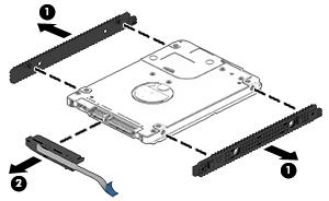 If it is necessary to disassemble the hard drive, remove the hard drive brackets (1) from the