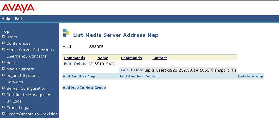 Media Server Address Map screen appears as shown in