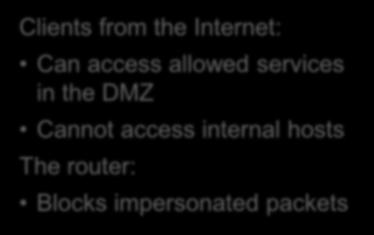 Network Design: DMZ Screening Router Internal subnet Clients from the Internet: Can access allowed services in the DMZ Cannot access internal
