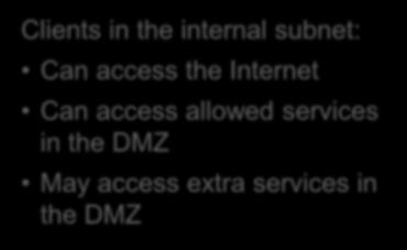 Network Design: DMZ Screening Router Internal subnet Clients in the internal subnet: Can access the Internet Can access allowed services in the