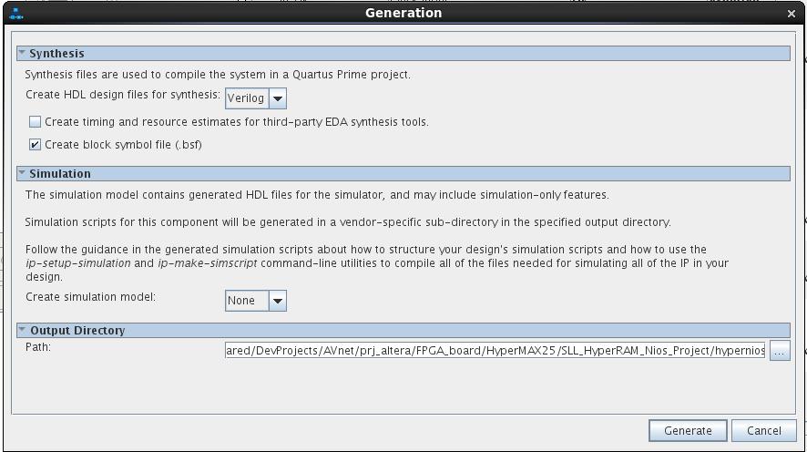 4. Generating the Qsys Design Once the Qsys project has been correctly configured, press the [ Generate HDL ] button on the bottom right hand side of the Qsys window.