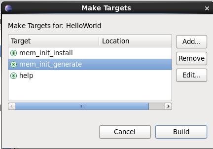 In the Project Explorer tab, right click on: HelloWorld -> Make Targets Build A Make Targets window will open. Select mem_init_generate and click on the Build button.