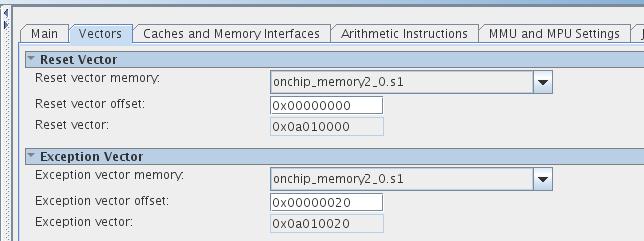4.2 Nios II/f Gen2 processor configuration In this example, the Nios II/f Reset and Exception vectors are mapped to onchip_memory as illustrated below.