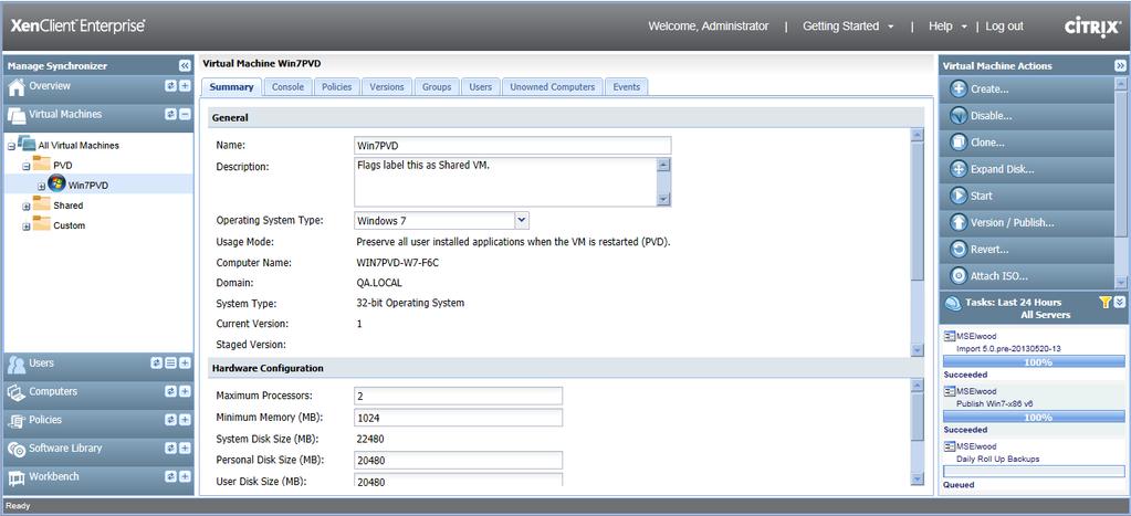 PvD VMs are labeled in the navigation tree. Use the Wizard to create a PvD VM. Usage mode indicates how the VM is used.