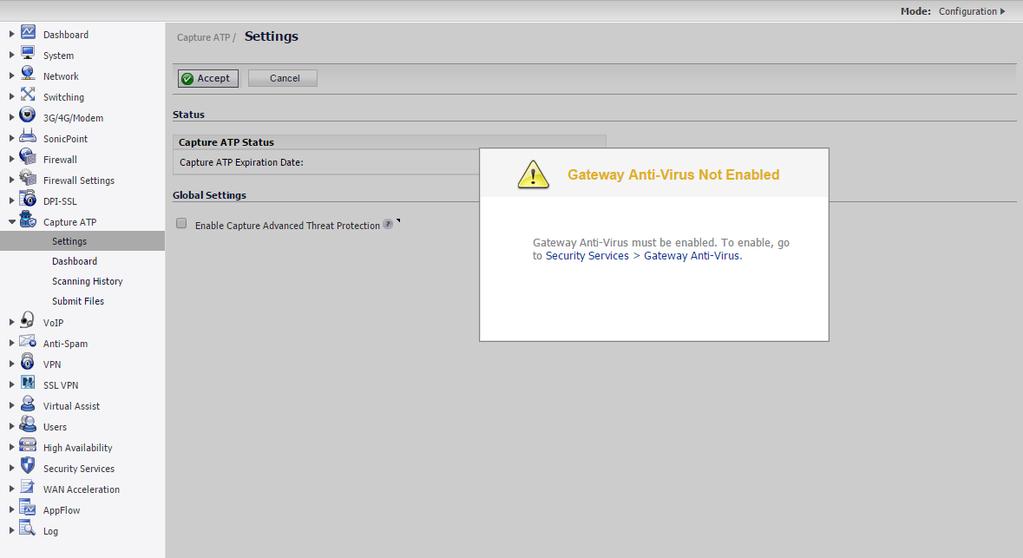 Capture ATP will stop working if either Gateway Anti-Virus or Cloud Anti-Virus is disabled.