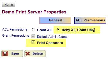 Agent Print Server Note: when assigned at the server level the Admin Class has management rights over all print queues Navigate back to the Control