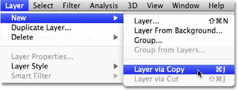 With the Background layer selected, go up to the Layer menu in the Menu Bar along the top of the screen, choose New, then choose Layer via