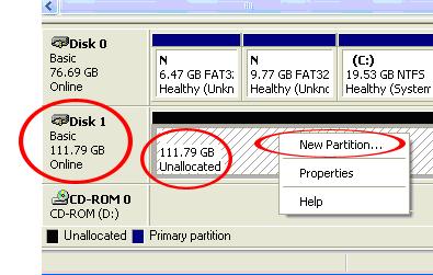 Locate the Disk that says it is Unallocated (check hard drive capacity to confirm it s the correct hard drive) and then right-click in the section that says Unallocated and select New Partition.