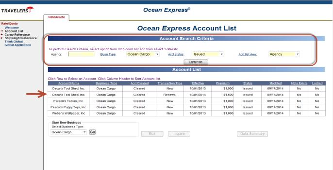 The Ocean Express Account List page displays.