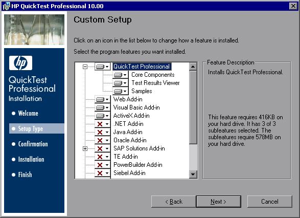Chapter 2 Setting Up QuickTest Professional 8 In the Custom Setup screen, select the QuickTest components and add-ins you want to install.