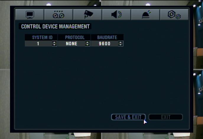SYSTEM SETUP SYSTEM : CONTROL DEVICE Click the CONTROL DEVICE menu. And select the SYSTEM ID, PTZ Protocol and camera BAUD RATE. This will allow up to 254 DVRs to be controlled from the same keyboard.