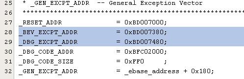 Linker generates an error if these requirements are not met. Change the value of _BEV_EXCPT_ADDR to _RESET_ADDR + 0x380. Change the value of _DBG_EXCPT_ADDR to _RESET_ADDR + 0x480. 8.