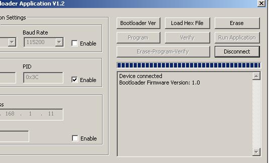 On successful connection the PC application reads the bootloader version as shown in the screenshot below. Erase the application memory region by clicking on Erase.