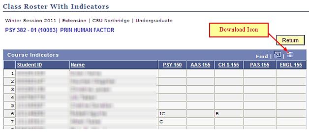 Figure 14 Class Roster with Indicators Page. 4. Select the Return button to return to the class roster.