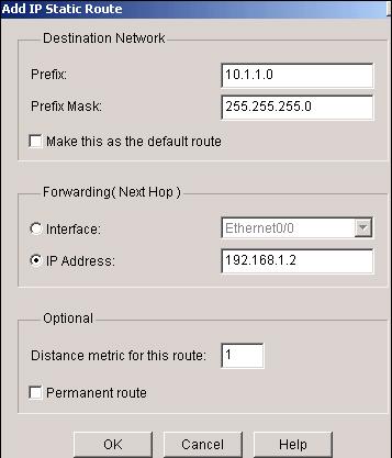 Enter the Destination Network address with mask and select either outgoing interface or next hop IP address.