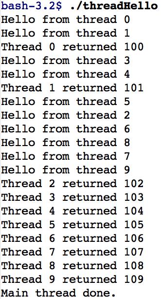 threadhello: example output Why must thread returned print in order? What is maximum # of threads running when thread 5 prints hello? Minimum?