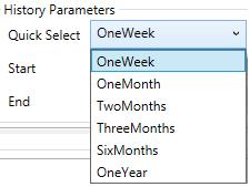 An optional history parameter is the 'Quick Select' drop-down list, with which the system automatically gets the first Historical entry to get the range of dates to backup.