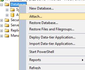 6.1.1 Attaching database to SQL Server This procedure should be done by a DBA or user with sa privileges to the SQL Server. The steps below can also be found on the Microsoft site (http://msdn.