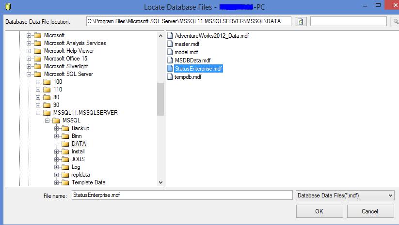 Figure 32 - The Locate Database Files Dialog Databases to attach Displays information about the selected databases. Displays an icon indicating the status of the attach operation.