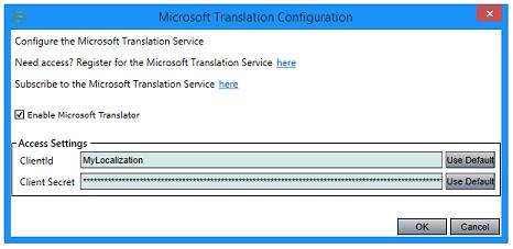 Click the <MS Translator Configuration> button to access the Microsoft Translation Configuration window. Figure 49 - Microsoft Translation Configuration Window 8.