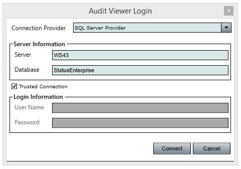 Figure 63 SQL Audit Viewer Login For SQL Server database: Connection Provider This is automatically set to SQL Server Provider. Server Specify the name of the server to connect to.