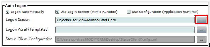 Next, in the Logon Screen field, click the browse dialog button and browse to the mimic that will be the start up mimic.