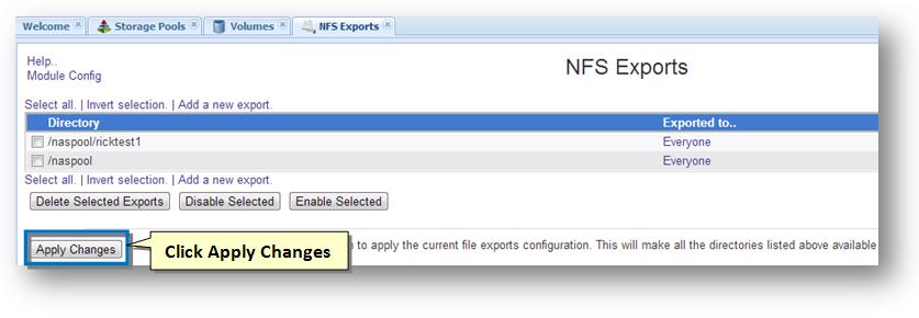 21. Click Apply Changes. The NFS export settings will be activated.