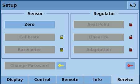 7.8.5 Setup service The Main->Setup->Service screen is a password protected area where calibration of the sensor and setup of the regulator is accomplished. 7.8.5.1 Zero (non password protected) Figure - Setup Service The Main->Setup->Service screen allows zero adjustment without entering the password.