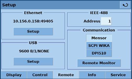 8. Remote operation 8.1 Remote setup To set up any of the remote communication protocols start in the Main->Setup->Remote screen, Figure - "Setup Remote". 8.2 Remote setup Ethernet Figure - Setup Remote The Ethernet communication port allows the to communicate with computers using 10/100 Bases-T specification.