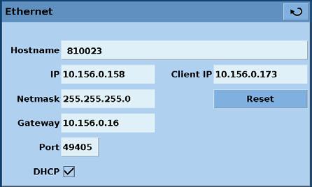 Before using Ethernet communication, four parameters must be set up: IP, Netmask, Gateway and Port. In Figure - "Ethernet Setup" the Main->Setup->Remote->Ethernet setup screen is shown.