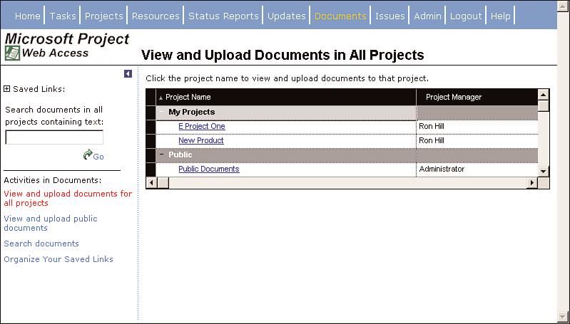 22 Web Customizing and Administering Project Server Access Using STS Document Libraries To access the document management functions of STS, select the Documents tab.