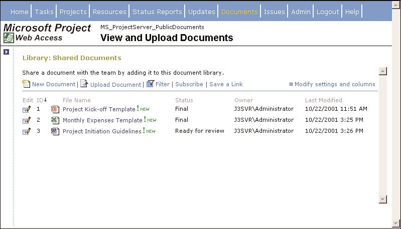 SharePoint Team Services 2 Managing Documents The functions available to manage documents are the same for public and project-specific libraries.