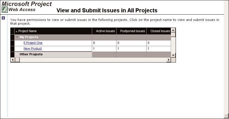 SharePoint Team Services 25 Figure 20 You can view the summary of projectrelated issues in STS. To access a detailed list of issues for a project, click the hyperlink for that project.