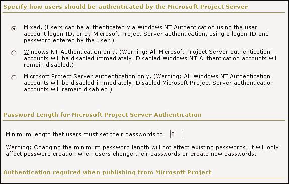 8 Web Customizing and Administering Project Server Access Windows NT Authentication Only When you use the Windows NT authentication method for logging in to Project Server, user security is based on