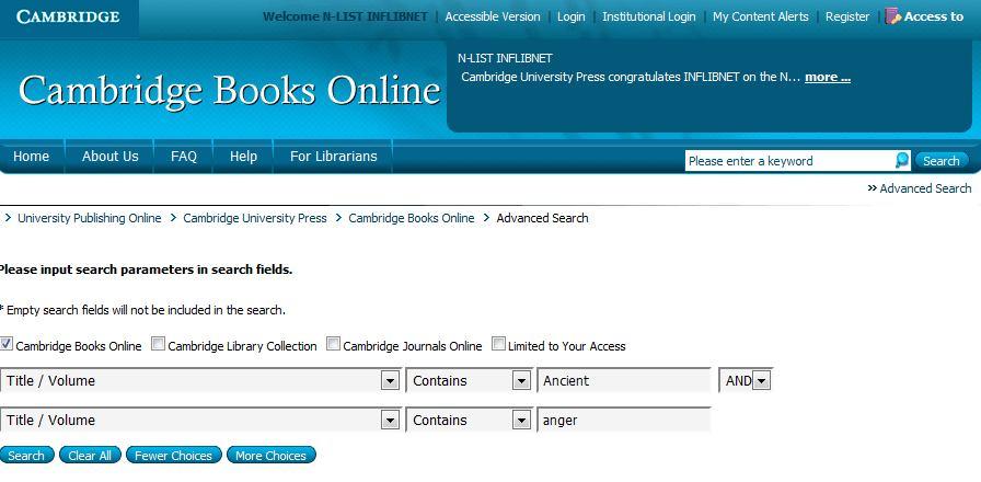 Search Result Page Search result page displays e-book chapters on ancient anger. It also provides various options to further refine the search.