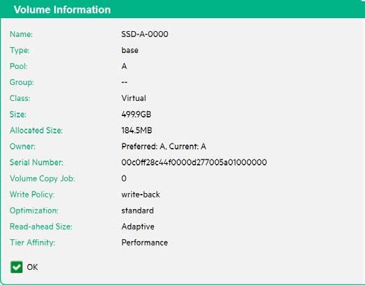 Figure 5 shows individual volume information for the HPE MSA 2052 storage. Figure 5. HPE MSA storage individual volume detail By default, the HPE MSA 2052 is configured for Fibre Channel only.