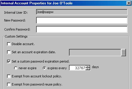 Authentication Tasks 4 Per-Account Policies 165 Range: 0 100 Default: 3 Per-Account Policies To override server-level policies on a per-account basis: 1 Log on to SAS Management Console as someone