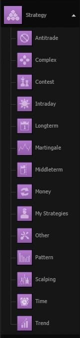 5.2. Strategy: The strategy section displayed in purple displays strategy groups sorted by theme. This section encloses several subsections sorted by trading idea.