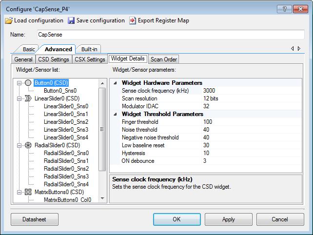 PSoC 4 Capacitive Sensing (CapSense ) PSoC Creator Component Datasheet Widget Details Sub-tab This sub-tab contains parameters specific to each widget and sensor.