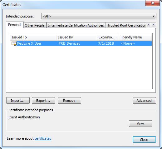 You should see your newly downloaded certificate in the Personal tab.