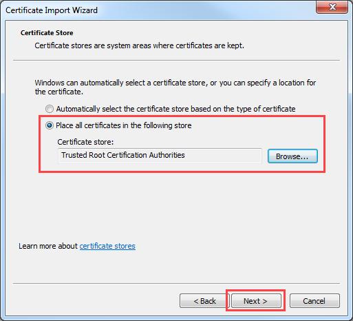 5. The Certificate Import Wizard will be initiated. Click the Next button. 6.