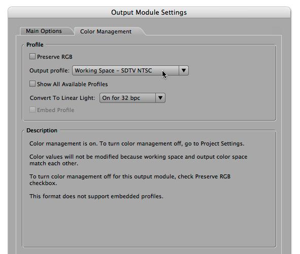 Figure 5: Set the Output Profile in the Output Module to translate colors from the Project Working Space to the file format you are rendering to. If they are the same, no translation is necessary.